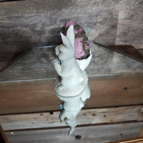 Porcelain Bisque Easter Bunny Egg cup with Beaded Egg Ornament - Picture 7 of 7